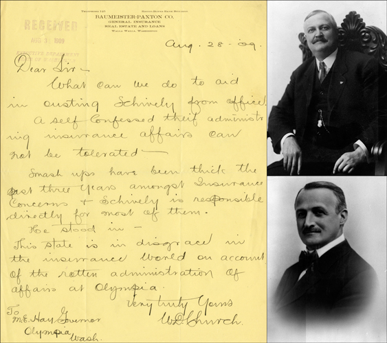 Clockwise from left: Letter to Governor Hay from W.D. Church, partner at Baumeister-Paxton, Walla Walla, asking what he can do to 