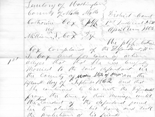 Page 1 of Frontier Justice Divorce Case Cox v. Cox, WAL-719, Frontier Justice, Walla Walla Frontier Justice, Washington State Archives, Digital Archives.