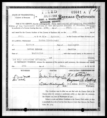 Spokane County marriage certificate of Gordon Hirabayashi and Esther Schmoe who married July 29, 1944, Marriage Records, Spokane County Auditor, Marriage Records, 1880-2013, Washington State Archives, Digital Archives.