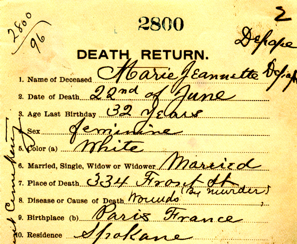 Marie Jeanette DePape’s cause of death is listed as “wounds (by murder).” Her death set off a scandal that rocked Spokane in 1898. Washington State Archives, Digital Archives.